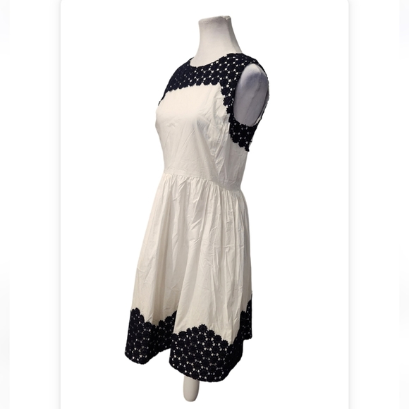 White 100% Cotton Dress with Blue Floral Crochet at Neckline and Hemline - Picture 3 of 13